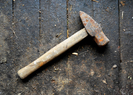 Hammer on a workbenchの写真素材