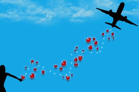 airplane, hearts, stars silhouette and love.の写真素材