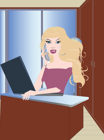 Secretary talking on the phone and using computer.のイラスト素材