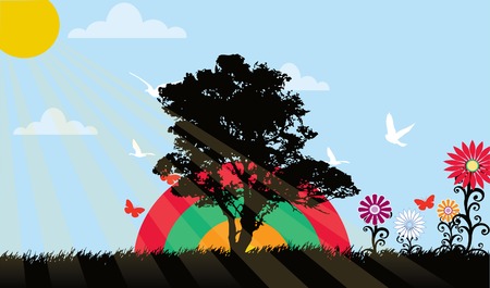Landscape with many trees flowers vector illustrationのイラスト素材