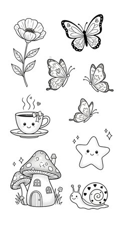 Set of cute hand drawn doodle mushrooms, butterfly, house, cup of coffee, snail and star. Vector illustration.のイラスト素材