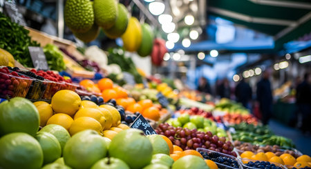 Fruits and vegetables on the counter of the market. Blurred background