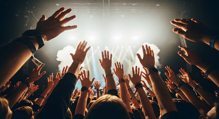 Concert crowd with hands raised at a music festival, cheering crowdの写真素材