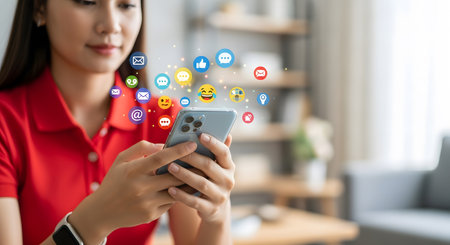 Woman using smart phone with social media icon on screen, communication concept