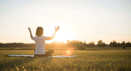 Young woman practicing yoga on the grass in the meadow at sunsetの写真素材