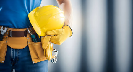 Close up of construction worker hands holding yellow safety helmet on blurred background