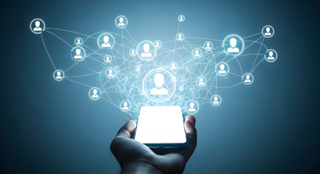 Hand holding mobile phone with social network connection concept. 3D renderingの写真素材