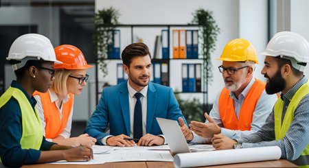 Group of architects and engineers working with blueprints in modern office.の写真素材