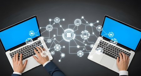 Social connection and networking concept with person using laptop computer. 3D rendering.の素材