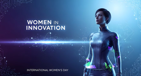 Woman cyborg looking at hologram screen. Innovation technology concept. 3D renderingの素材