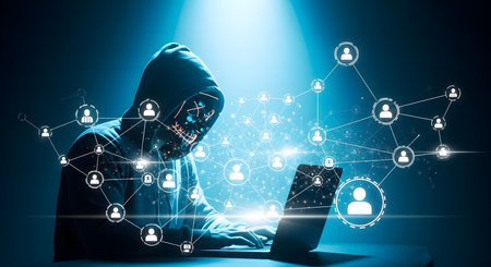 Hacker in hoodie stealing personal data from laptop. 3D renderingの素材