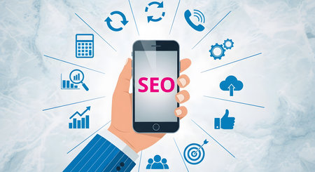 SEO Search Engine Optimization Concept with Hand Holding a Smartphoneの素材