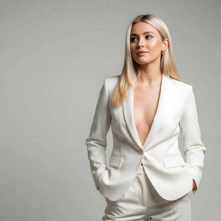 Portrait of a beautiful young blonde woman in a white suit on a gray backgroundの素材