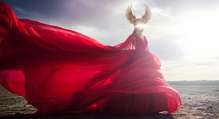 Beautiful woman in red dress with wings flying in the wind.の素材