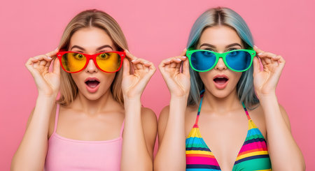 shocked young women in colorful swimsuits and sunglasses isolated on pinkの素材