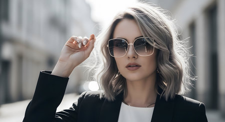 portrait of beautiful young woman in sunglasses looking at camera on streetの素材