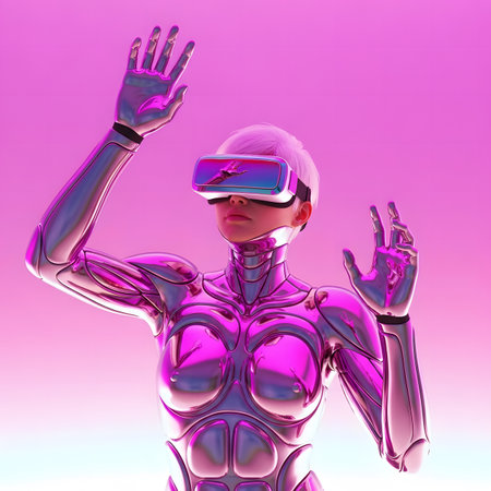 3D Illustration of a female robot wearing virtual reality goggles.の素材