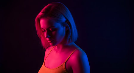 Portrait of a beautiful young woman on a dark background in neon lightの素材