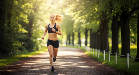 fitness, sport, exercising and people concept - smiling young woman running outdoorsの素材