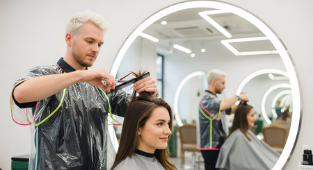 Professional hairdresser cutting hair of woman in beauty salon.の素材