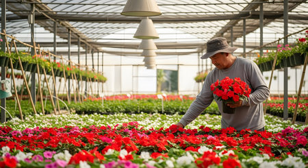 Asian male gardener working with potted flowers in the greenhouse.の素材