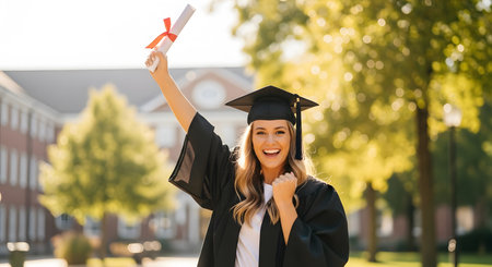 excited graduate girl in cap and gown celebrating graduation on university campusの素材