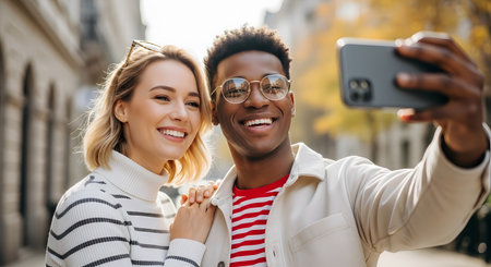 happy multiethnic couple in eyeglasses taking selfie on smartphone in cityの素材