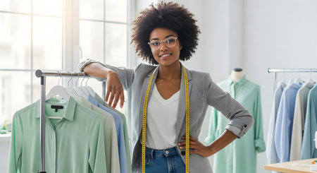 african american fashion designer in eyeglasses standing near mannequinの素材