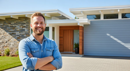 Portrait of smiling man standing with arms crossed in front of new houseの素材