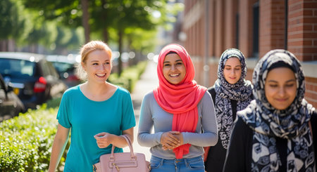 group of happy young muslim women with hijab walking in the streetの素材
