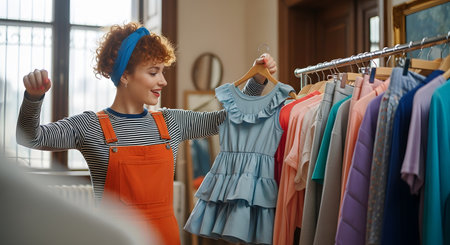 Beautiful young woman choosing dress in boutique. Redhead girl in apron choosing clothes.の素材