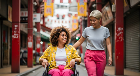 Young woman in a wheelchair with her friend in a shopping street.の素材