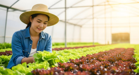 Young asian woman farmer in hydroponic vegetable garden at sunsetの素材
