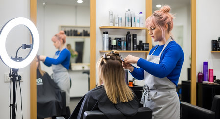 Professional hairdresser working with client in beauty salon. Blurred backgroundの素材
