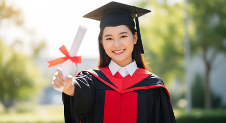 education, graduation and people concept - happy young asian woman in mortarboard and gown with diplomaの素材