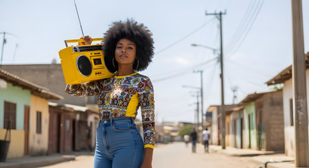 young beautiful afro american woman with afro hairstyle in the street with a yellow radioの素材