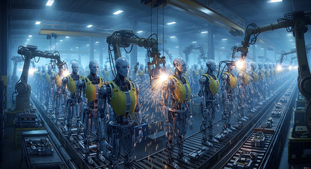 Automated robot assembly line welders work on car chassis. Artificial intelligence, production line automation.の素材