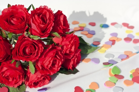 Bouquet of rose with tiny colorful of heart to show someone with loveの写真素材