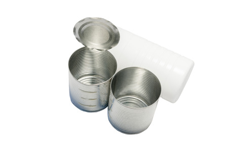 Two aluminum can and one plastic bottle with white background