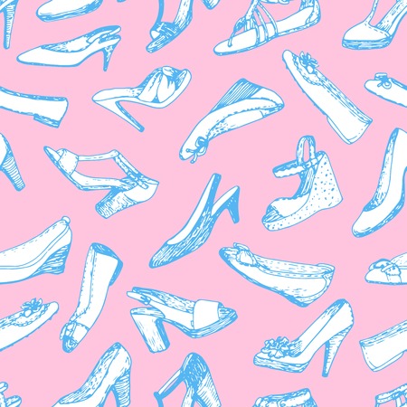Vector seamless pattern of vector shoes set. Sketch, doodle graphic. Shopping Vector Illustration.のイラスト素材