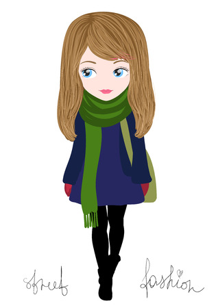 Young girl in a green scarf. Street fashion illustrationのイラスト素材