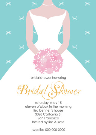 Bridal shower invitation template. Wedding fashion vector Illustrartion. Bride in beautiful white dress with a flower bouquet.のイラスト素材