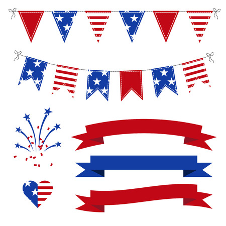 Vector Set of Patriotic Bunting, flags, ribbons, fireworks for Independence Day, on July 4.のイラスト素材