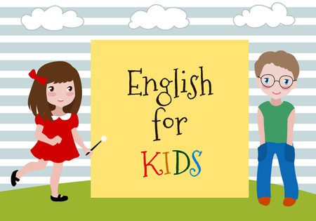 English for Kids. Vector Illustration of the two kids learning english. Language School for children. Studying foreign languages concept.のイラスト素材