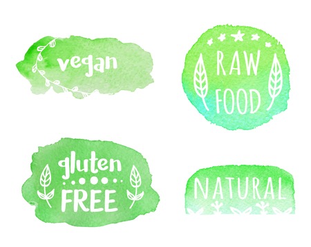 Vector set of healthy vegan, raw, gluten free, natural food labels. Watercolor style green backgrounds, hand drawn elements and lettering.のイラスト素材
