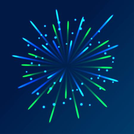 Fireworks with blue and green rays and stars on a deep blue background. Firework element for design.のイラスト素材
