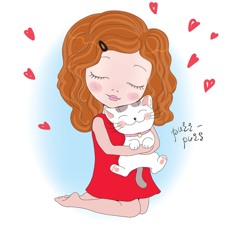 Vector Illustration of a cute little girl with Catのイラスト素材