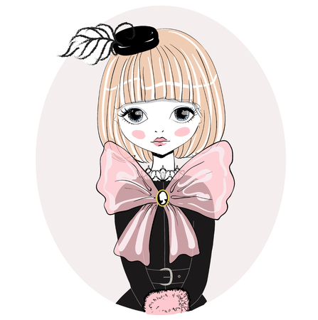 Beautiful romantic girl vector Illustration. Cute girl in a black hat, performer, singer, dancer, ballerina. Original illustration in vintage style.のイラスト素材