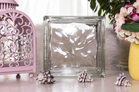 Deco glass block mockup on a table. Interior photography.の写真素材
