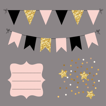 Set of golden, black and pink flat buntings garlands, flags, stars and curved frame. Celebration decor for greeting cards, design.のイラスト素材